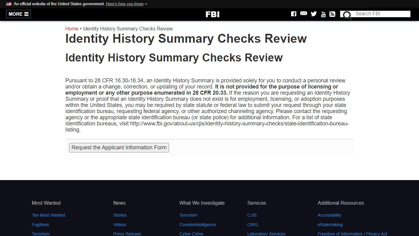 Identity History Summary Checks Review - FBI